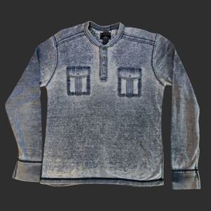 WISH BONE Lightweight Distressed Blue Long Sleeve Henley Shirt